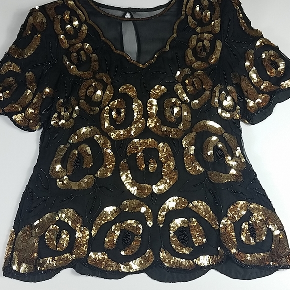 Lawrence Kazar, Black and Gold Sequined top, Sz L - Picture 6 of 8